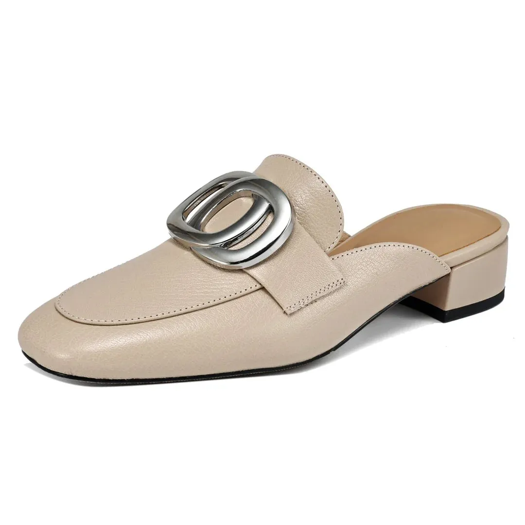Plus size 34-41 women's genuine leather square toe slip-on flats summer mules metal buckle decoration casual female sandals shoe