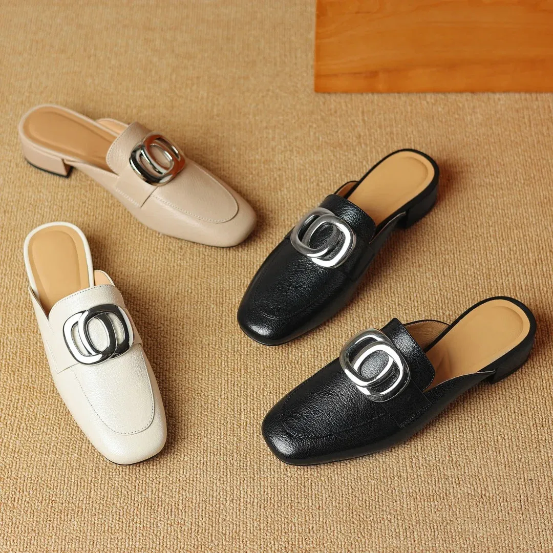 Plus size 34-41 women's genuine leather square toe slip-on flats summer mules metal buckle decoration casual female sandals shoe