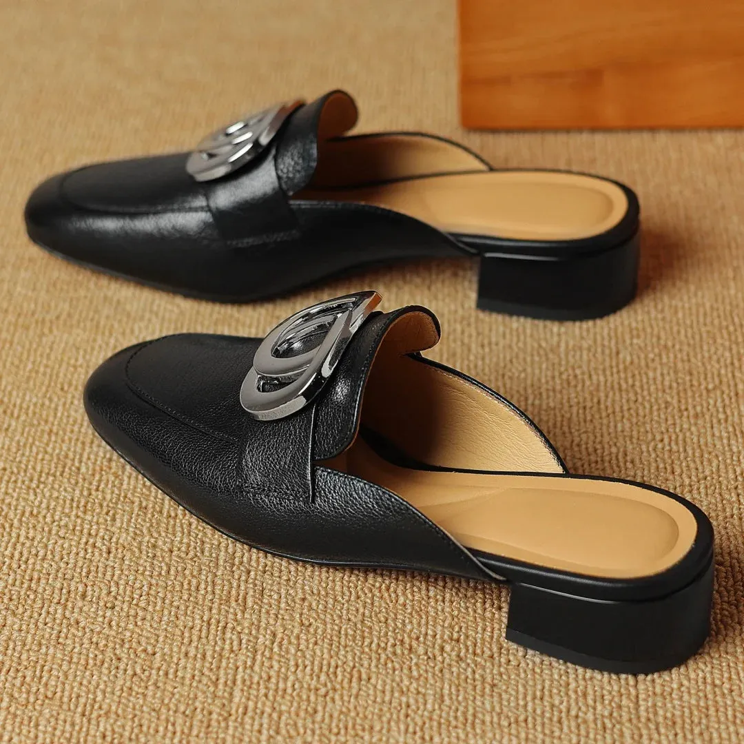 Plus size 34-41 women's genuine leather square toe slip-on flats summer mules metal buckle decoration casual female sandals shoe