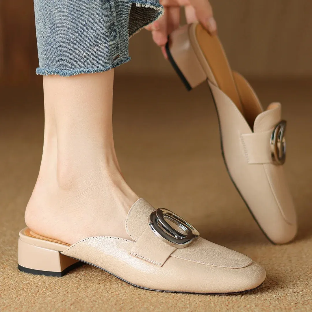 Plus size 34-41 women's genuine leather square toe slip-on flats summer mules metal buckle decoration casual female sandals shoe