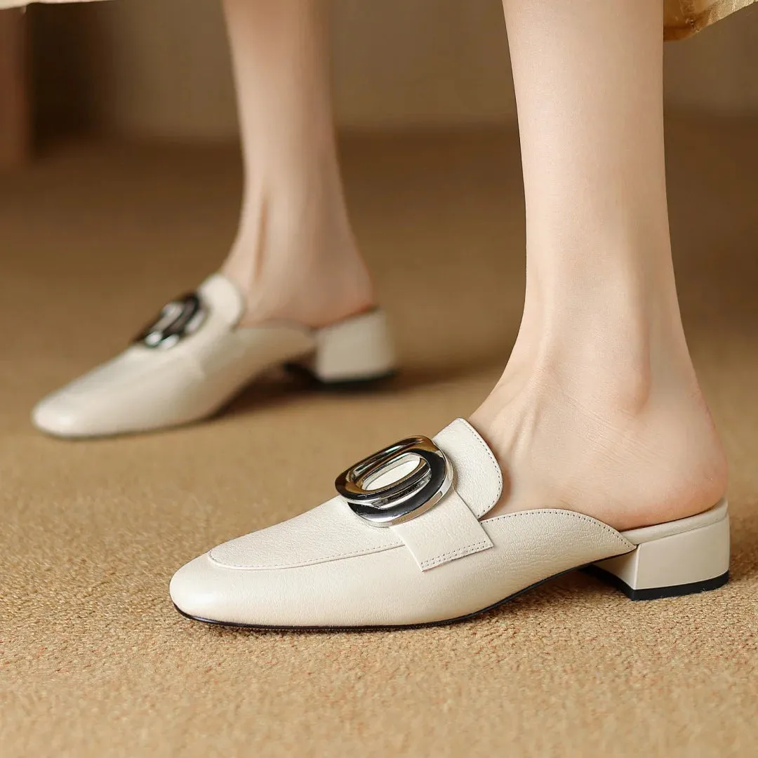Plus size 34-41 women's genuine leather square toe slip-on flats summer mules metal buckle decoration casual female sandals shoe