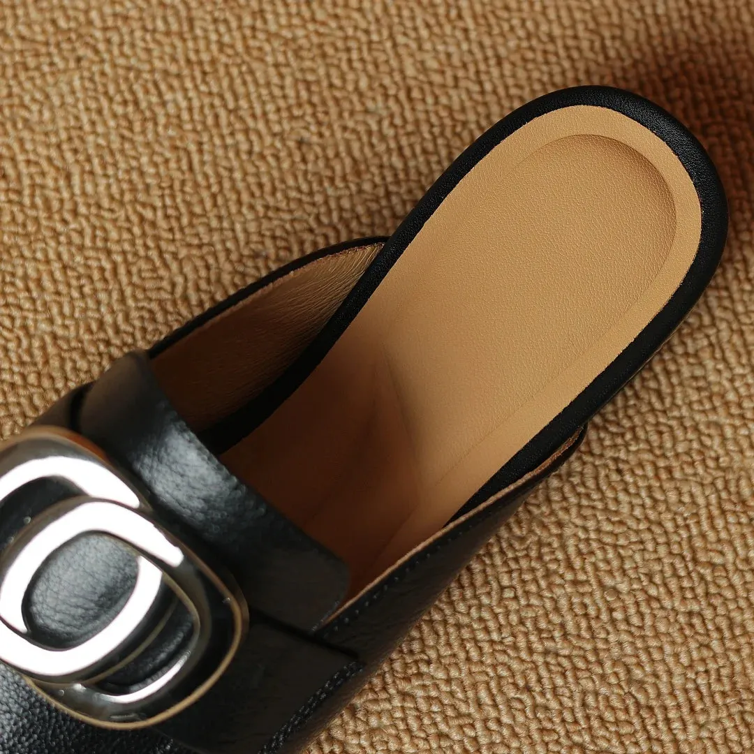 Plus size 34-41 women's genuine leather square toe slip-on flats summer mules metal buckle decoration casual female sandals shoe