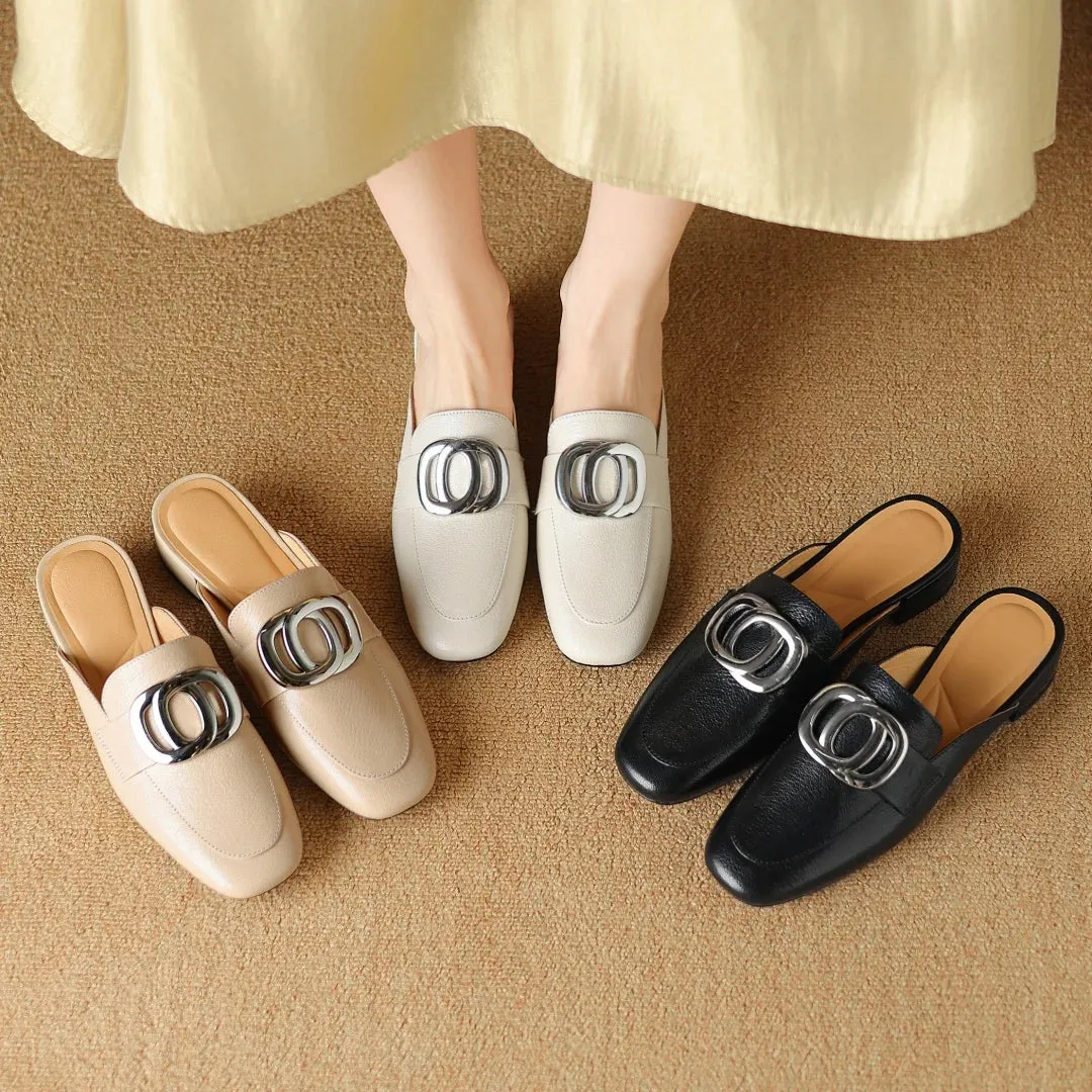 Plus size 34-41 women's genuine leather square toe slip-on flats summer mules metal buckle decoration casual female sandals shoe
