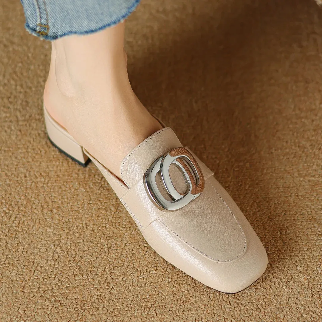 Plus size 34-41 women's genuine leather square toe slip-on flats summer mules metal buckle decoration casual female sandals shoe