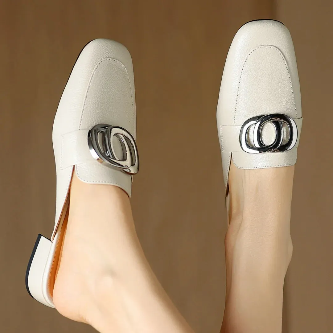 Plus size 34-41 women's genuine leather square toe slip-on flats summer mules metal buckle decoration casual female sandals shoe