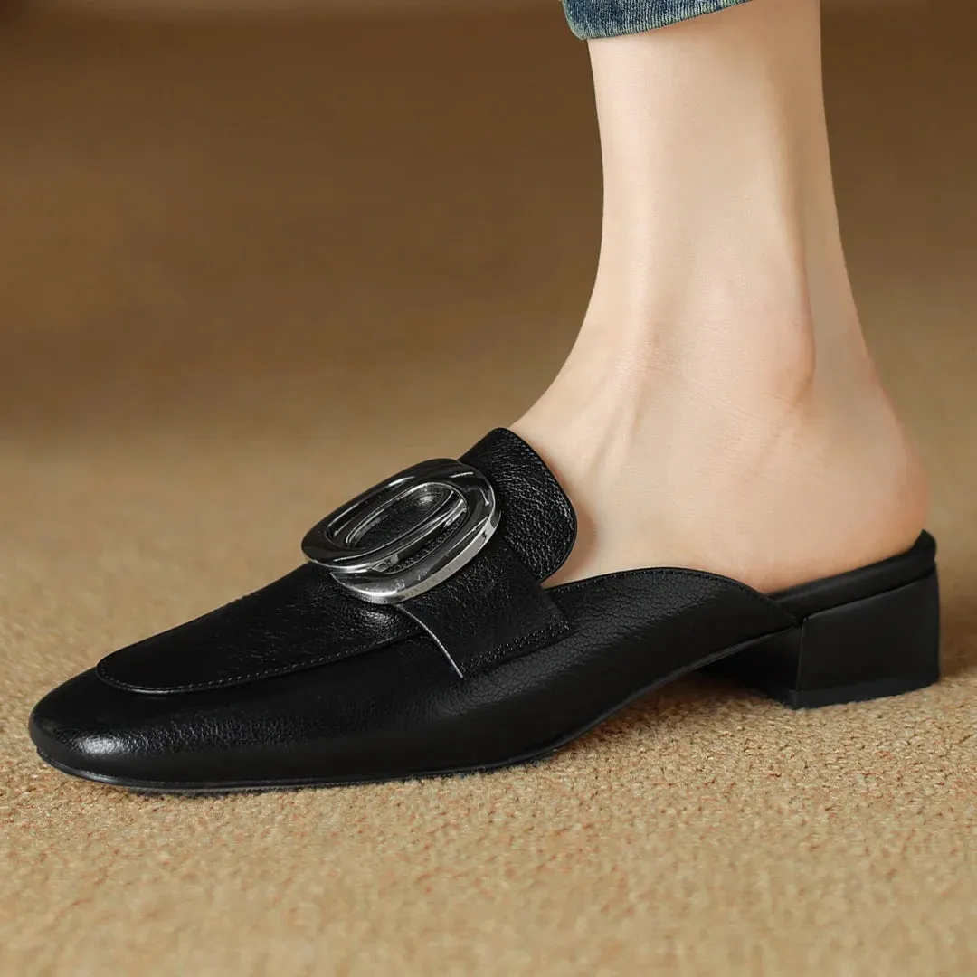 Plus size 34-41 women's genuine leather square toe slip-on flats summer mules metal buckle decoration casual female sandals shoe