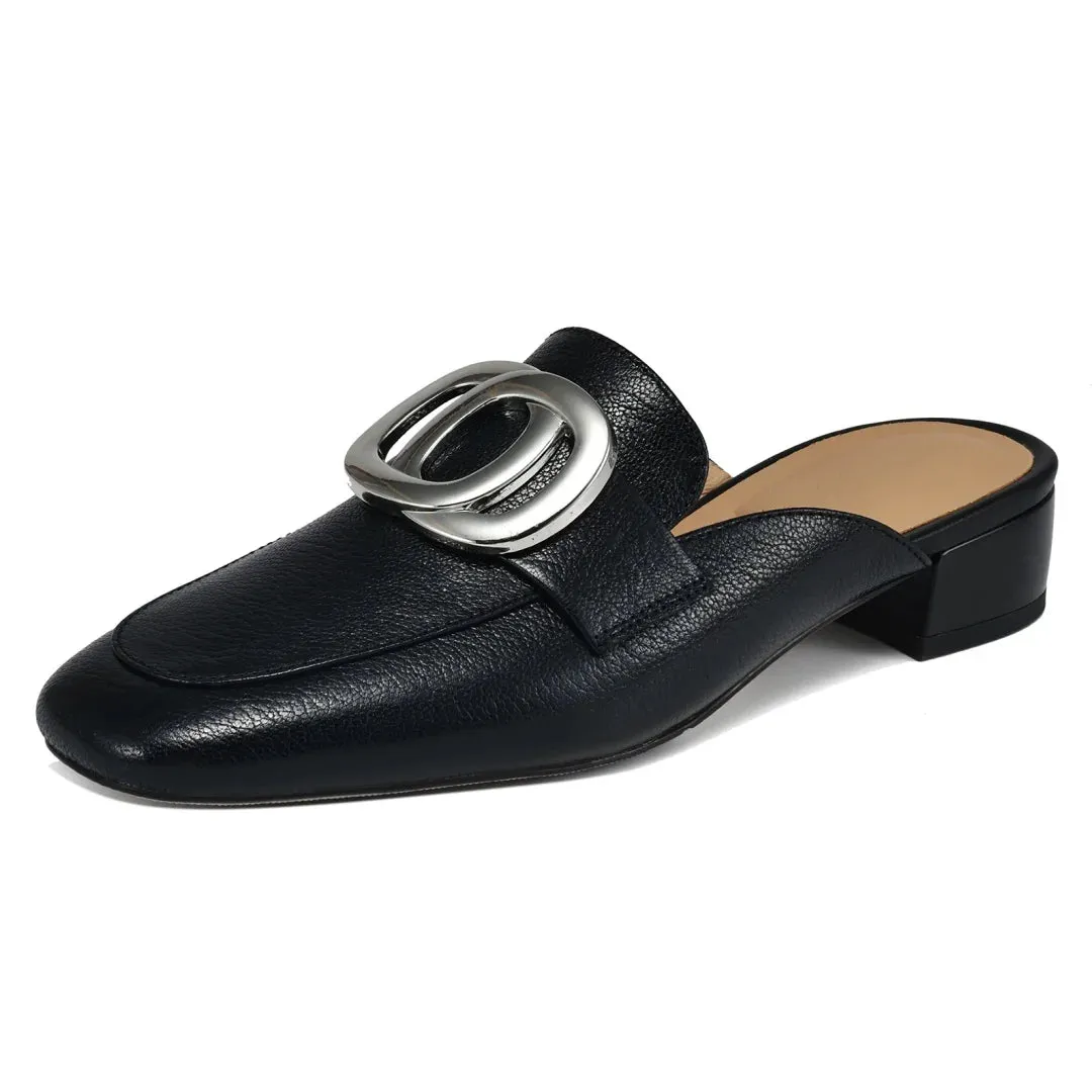 Plus size 34-41 women's genuine leather square toe slip-on flats summer mules metal buckle decoration casual female sandals shoe