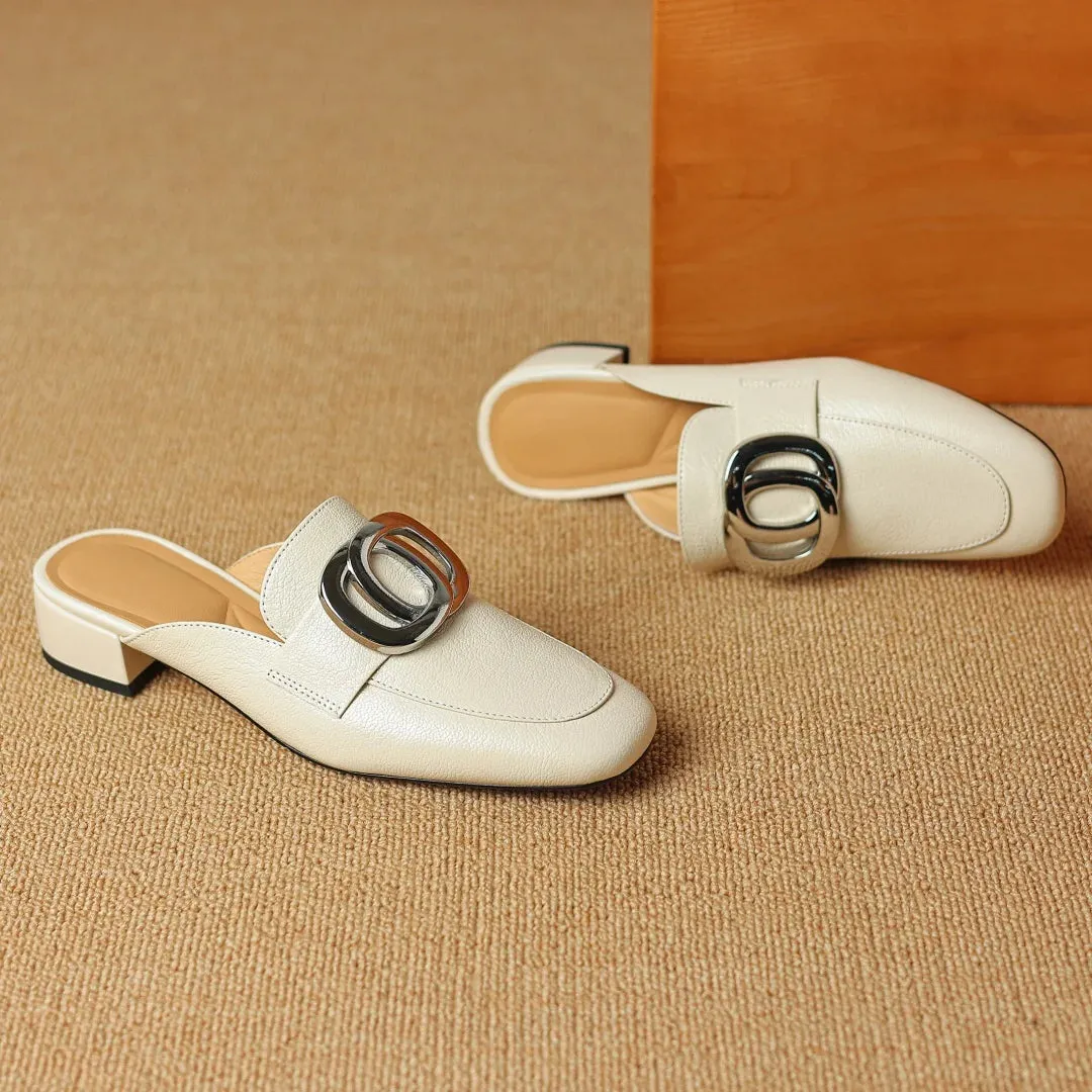 Plus size 34-41 women's genuine leather square toe slip-on flats summer mules metal buckle decoration casual female sandals shoe