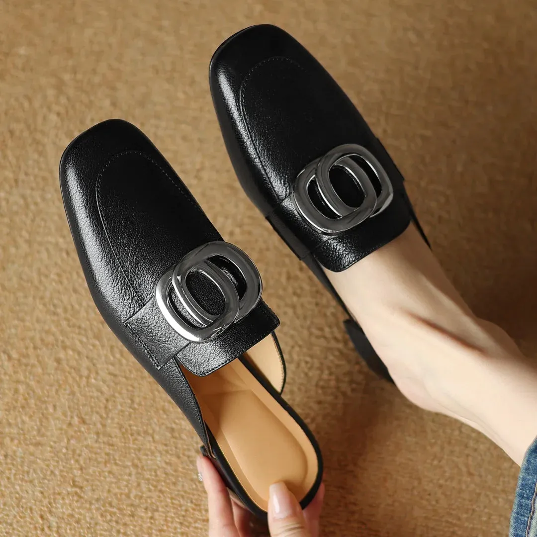 Plus size 34-41 women's genuine leather square toe slip-on flats summer mules metal buckle decoration casual female sandals shoe