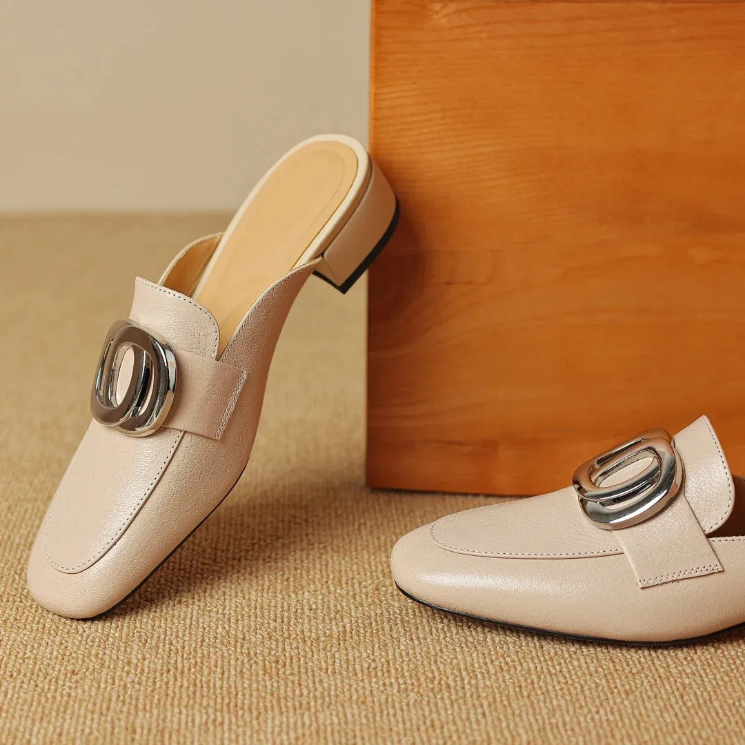Plus size 34-41 women's genuine leather square toe slip-on flats summer mules metal buckle decoration casual female sandals shoe