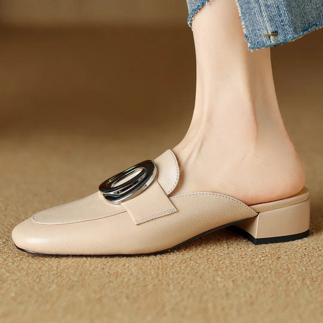 Plus size 34-41 women's genuine leather square toe slip-on flats summer mules metal buckle decoration casual female sandals shoe